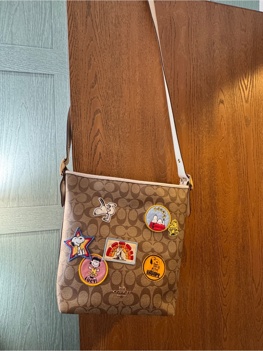 Snoopy Coach Brown Signature Canvas Crossbody Bag with White Strap and wallet